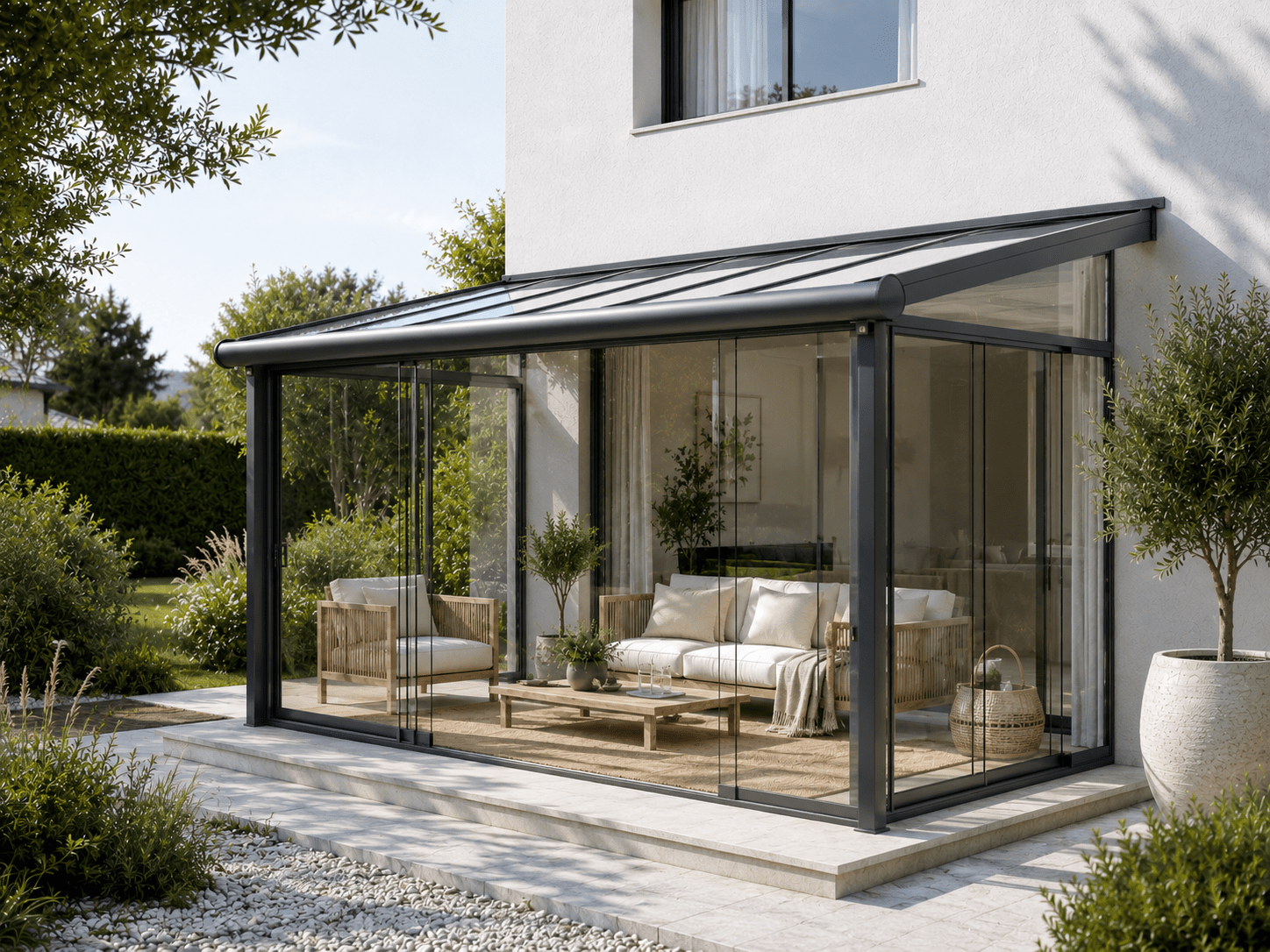 Wintergarten mit Glasschiebewänden: geschützter Raum zwischen Haus und Garten
